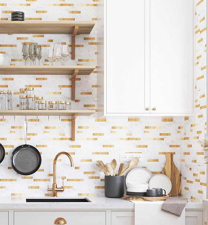 Yipscazo 2026 New Upgrade Peel and Stick Backsplash, Stick on Backsplash Tiles for Kitchen, Bathroom, Fireplace (10 Sheets, White Stone with Gold)