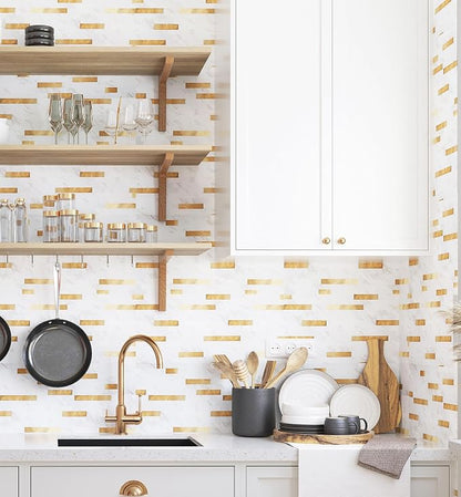 Yipscazo 2026 New Upgrade Peel and Stick Backsplash, Stick on Backsplash Tiles for Kitchen, Bathroom, Fireplace (10 Sheets, White Stone with Gold)