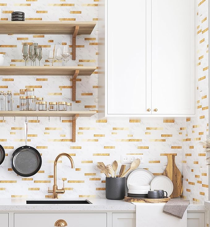 Yipscazo 1 Sheet Peel and Stick Stone Metal Tile Backsplash, Stick on Tiles for Backsplash Kitchen, Bathroom, Laundry Room, Camper, Fireplace (12'' X 12'', White Stone with Gold)