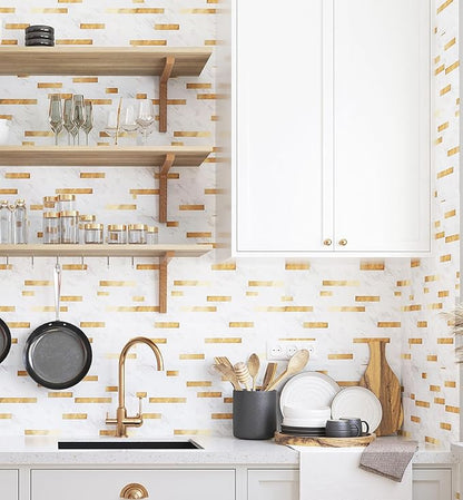 Yipscazo 1 Sheet Peel and Stick Stone Metal Tile Backsplash, Stick on Tiles for Backsplash Kitchen, Bathroom, Laundry Room, Camper, Fireplace (12'' X 12'', White Stone with Gold)