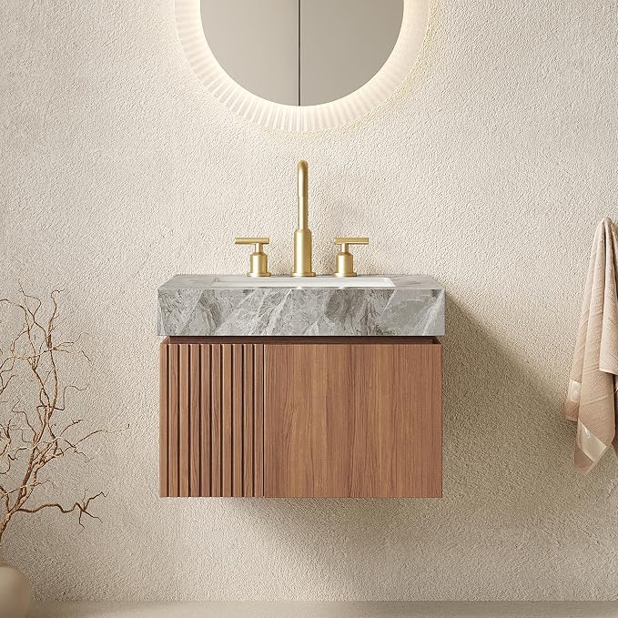 KEIKI 24 Inch Floating Bathroom Vanity with Sink, Brown Oak & Grey | Modern Wall Mounted Storage Cabinet with 2 Doors, Pre-assembled Wood Panels, Sintered Stone Top & Ceramic Basin Combo Set