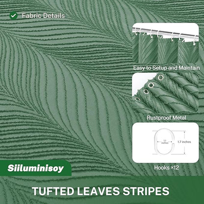 Green Boho Shower Curtain Woven Fabric Cute Shower Curtain, 72 x 72 Tufted Leaves Textured Striped Modern Farmhouse Minimalist Cloth Shower Curtains for Bathroom