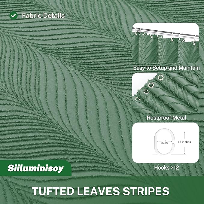 Extra Long Green Boho Shower Curtain, 72 x 84 Tufted Leaves Textured Striped Modern Farmhouse Minimalist Cloth Shower Curtain for Bathroom