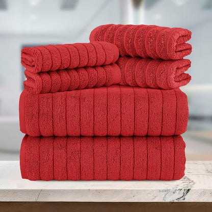 Elegant Comfort 100% Turkish Cotton Corduroy Ribbed Luxury Bath Towels 6-Piece Set, Premium Feel - Quick Dry, Highly Absorbent, Contains 2 Bath Towels, 2 Hand Towels, and 2 Washcloths, Red