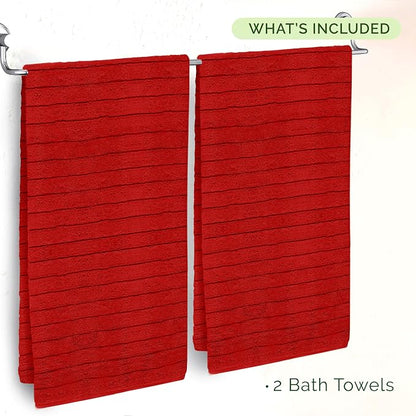 Elegant Comfort 100% Turkish Cotton Corduroy Ribbed Luxury Soft 2 Pack Bath Towels 27 x 54 Inch - Ultra Plush, Absorbent, Quick Dry, Hotel Spa Quality Towels for Bathroom Essentials, Red