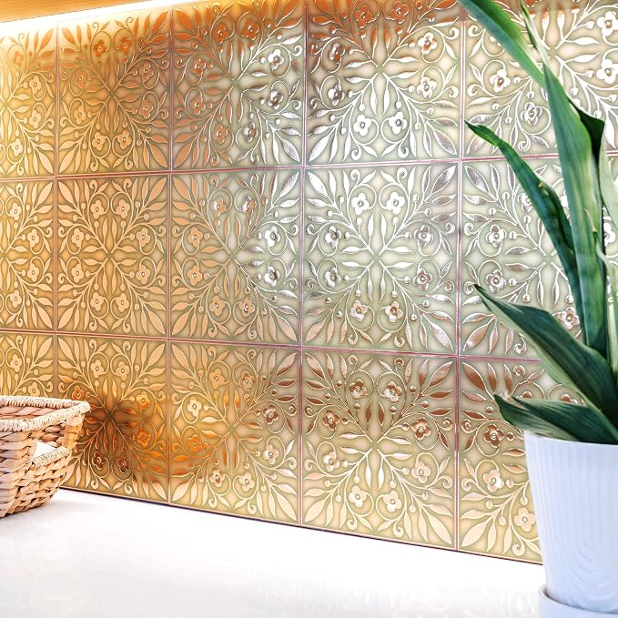 Main Street Peel and Stick Wallpaper Tiles, Gold & Green Leaves, 24-Pack | 8"x8" tiles, covers 10.67 sq ft. Peel-and-stick paper, no extra adhesive needed. Ideal for backsplashes & DIY projects.