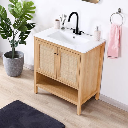 JONATHAN Y VAN1024A Jasper 30 in. W x 18 in. D x 33 in. H Rattan Modern Coastal 2-Shelf Bathroom Vanity Cabinet Only with Soft Closing Doors (Sink Basin Not Included), Oak