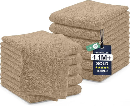 DAN RIVER 12 Pack Cotton Wash Cloths Set for Showering [12x12] Tan | Lighter Weight, Quick to Dry, Super Soft & Absorbent Face Towels, Hotel Quality, Perfect for Bathroom, Gym, Spa