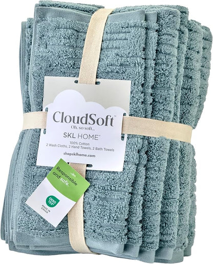 SKL Home CloudSoft Bath Towel Set, 6-Piece, 100% Cotton Luxury, Teal | 2 Bath towels, 2 hand towels, 2 washcloths. Premium spa-level quality. 600/520 GSM weight. Ultra plush & absorbent.