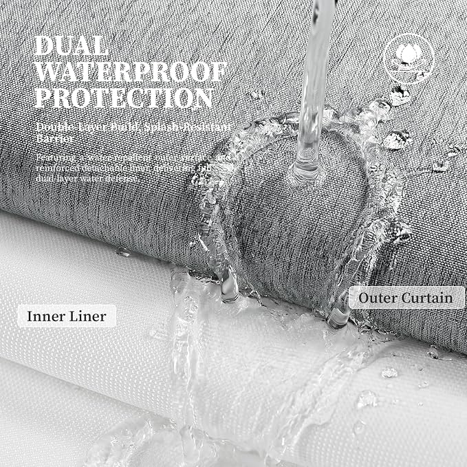 72x87 Ringless Linen Textured Shower Curtain with Snap in Liner, Grey | Extra Long Size, 3 in 1 Durable Fabric Shower Curtain, Removable Liner, Waterproof & Washable, Mesh Top Window, Easy Setup