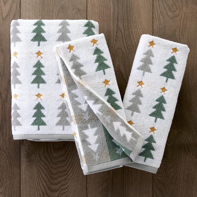 SKL Home Christmas/Winter Multi Trees Bath Towel, 100% Cotton, Multi | 500 GSM. Soft & absorbent. Reversible jacquard pattern. Great for holiday gifting.