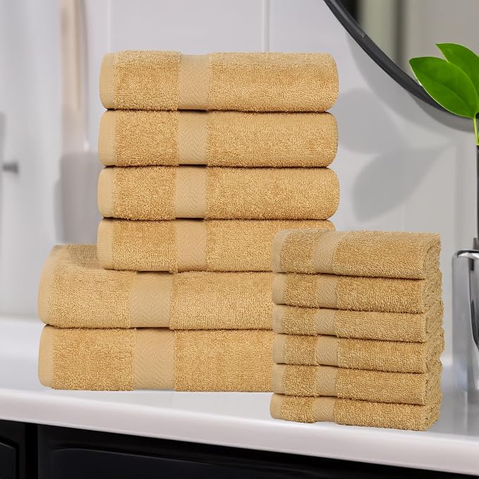 Superior 12-Piece Cotton Assorted Towel Set, Includes 6 Face Towel, 4 Hand, and 2 Bath Towels, Home, Bathroom, Guest Bath Essentials, Quick Dry, Absorbent, Franklin Collection - Gold