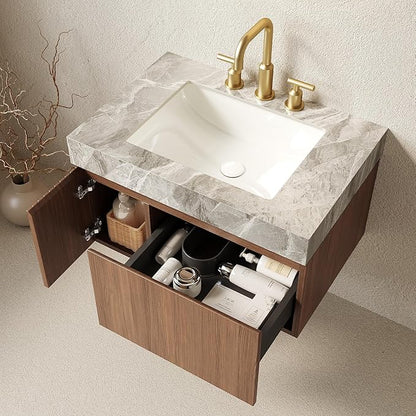 30” Floating Bathroom Vanity with Sink, Wall-Mounted Cabinet with Drawer & Doors, Gray Travertine-Pattern Sintered Stone Top, Undermount Basin, 3 Faucet Hole, Soft-Close, Pre-Assembled, Brown Oak