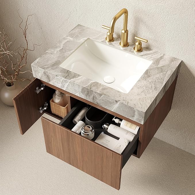 Ambrovina 30" Floating Bathroom Vanity with Sink, Modern Plywood Storage Cabinet with Drawer and Door, Light Gray Sintered Stone Countertop and 3 Pre-drilled Faucet Holes Ceramic Basin, Dark Oak
