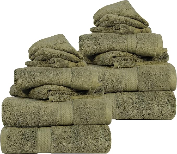 SUPERIOR Madeline Plush Egyptian Cotton 12-Piece Towel Set - Forrest Green | Heavyweight 12 Pc Egyptian Cotton Towel Set Includes 4 Bath Towels 4 Hand Towels 4 Washcloths Decorative Rope Border