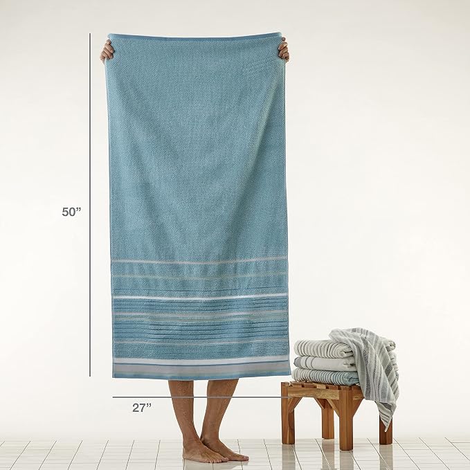SKL Home Seabrook Stripe Bath Towel Set-4pc, Premium 100% Cotton, Teal | 550 GSM weight. Spa-level quality. Soft & absorbent with a textured jacquard pattern.