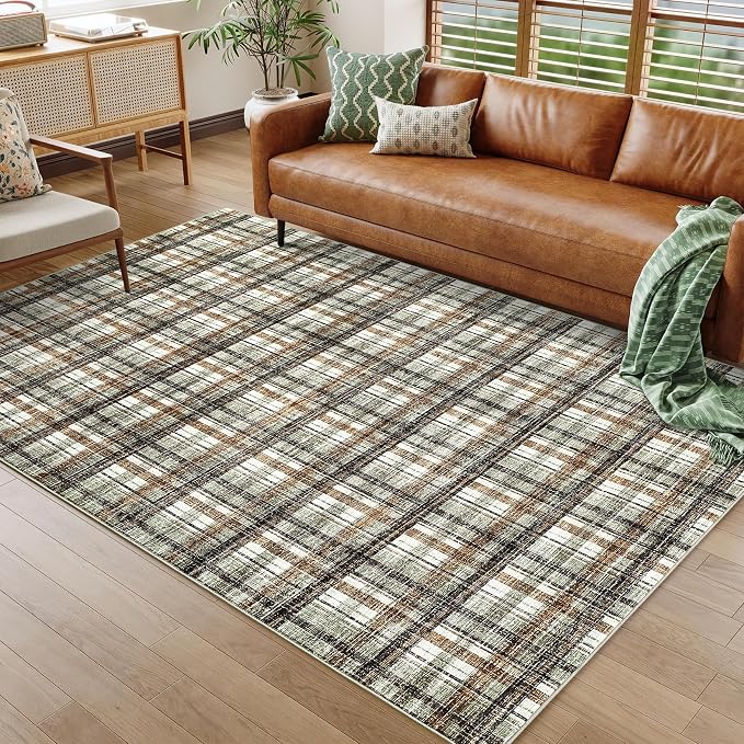Washable Area Rugs 9 x 12 Rug for Living Room Modern Bordered Non Slip Throw Rugs Large Bedroom Rugs Low Pile Stain Resistant Carpet for Dining Room Nursery 9'x12' Celadon&Coffee