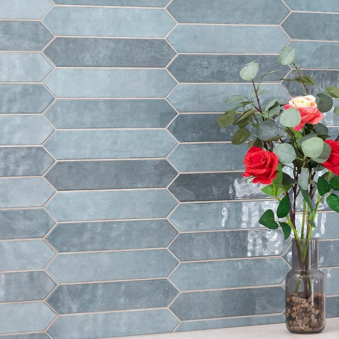 M S International Renzo Denim Glossy Ceramic Picket Wall Tile for Bathroom, Kitchen Backsplash, Accent Wall, and Shower - Sample