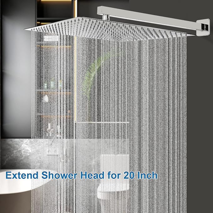 Shower Head with Extension Arm, High Pressure Square with ShowerArm, Stainless Steel Rainfall-Waterfall Full Body Coverage (16'' Shower with 20'' Arm, Chrome)