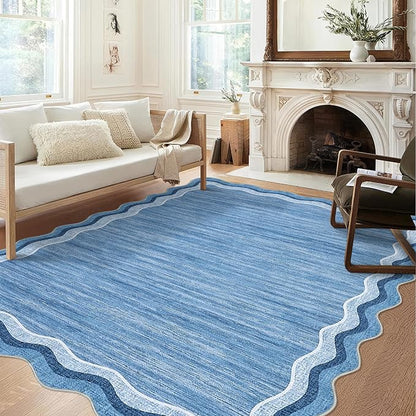 Garvee Scalloped 8x10 Rugs Washable Area Rugs for Living Room Blue | Rugs for Living Room, Non-Slip Soft Carpet for Bedroom, Scalloped Low-Pile Solid Rug Accent Rug for Dining Room Home Office