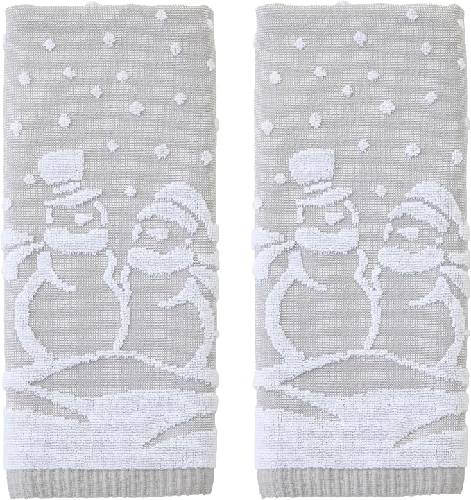 SKL Home Christmas/Winter Scenic Snowmen Hand Towel Set-2pc, Gray | 100% Cotton. 500 GSM. Soft & absorbent. Textured jacquard pattern. Great for the bathroom, kitchen or bar & holiday gift.