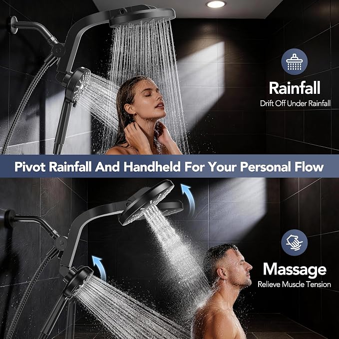 High Pressure Rain Showerhead Combo, 2026 Magnetic Shower Head Set with Detachable 8-Mode Handheld Shower Spray, Adjustable Angle Dual Showerhead with Built-in Magnetic Docking and Power Jets, ‎Black