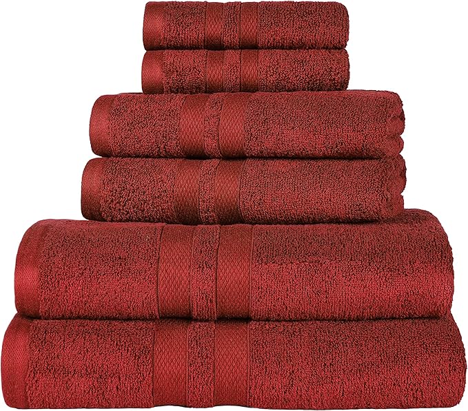 Superior Ultra-Soft 6-Piece Cotton Towel Set, Includes 2 Bath Towels, 2 Hand Towels, and 2 Washcloths for Bathroom, Guest Room, Quick Dry, Daily Use Home Essential Towels - Maroon