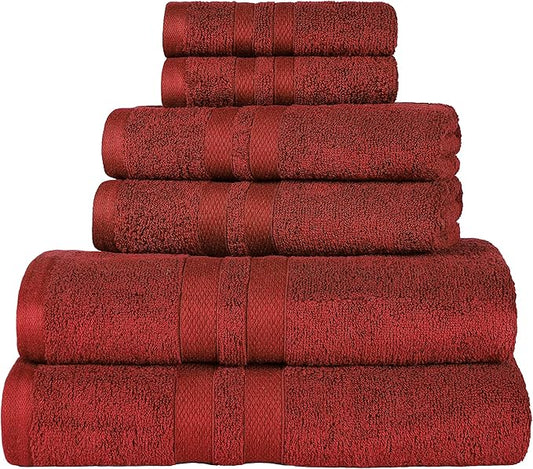 Superior Ultra-Soft 6-Piece Cotton Towel Set, Includes 2 Bath Towels, 2 Hand Towels, and 2 Washcloths for Bathroom, Guest Room, Quick Dry, Daily Use Home Essential Towels - Maroon