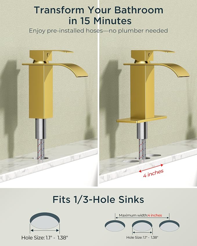 FORIOUS Bathroom Faucet 1 Hole, Waterfall Vanity Sink Faucet Brushed Gold | Bathroom Sink Faucet 1 or 3 Hole, Square Single Handle with 24" cUPC Supply Line and Pop-up Drain, Fits RV Restroom Basin
