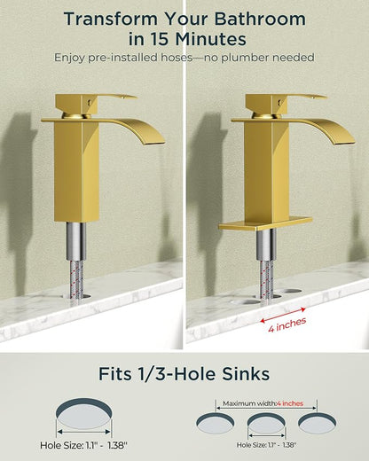 FORIOUS Bathroom Faucet 1 Hole, Waterfall Vanity Sink Faucet Brushed Gold | Bathroom Sink Faucet 1 or 3 Hole, Square Single Handle with 24" cUPC Supply Line and Pop-up Drain, Fits RV Restroom Basin
