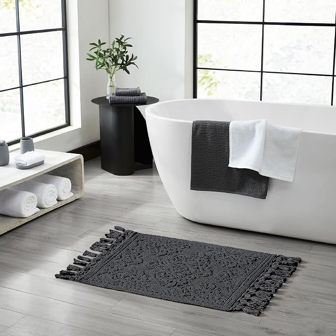Jean Pierre - Ricardo Bath Mat, Woven Fringe Bathroom Rugs, 100% Cotton, Premium Bathroom Decor - Measures 17" x 31" - Black