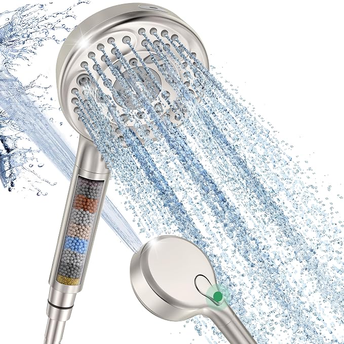 Filtered Shower Head with Handheld, 9-Spray Mode High Pressure Detachable Shower Head with Filters for Hard Water - Remove Chlorine Brushed