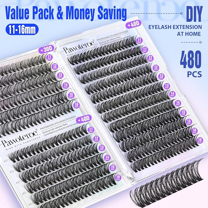 Lash Clusters 480pcs Individual Lashes 30D 40D Cluster Eyelash Extensions Eyelash Clusters Lash Extensions for Self Application (30D&40D, 0.07D, 11-16mm Valuable Pack)