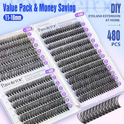 Lash Clusters 480pcs Individual Lashes 30D 40D Cluster Eyelash Extensions Eyelash Clusters Lash Extensions for Self Application (30D&40D, 0.07D, 11-16mm Valuable Pack)