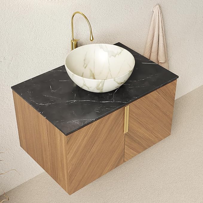 30" Floating Bathroom Vanity with Sink Combo, Modern Vanity with Vessel Sink, Wall-Mounted Bathroom Vanity Cabinet with Doors, Countertop and White Bowl Ceramic Basin,Brown Oak