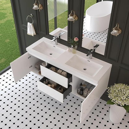 60 Inch Floating Bathroom Vanity with Sink,Glossy White | Storage Cabinet Wall Mounted Cabinet, Double Solid Surface Basin, 4 Soft Close Drawers, Fully Assembled