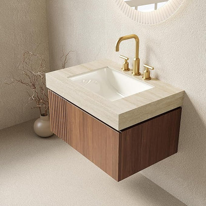 30 Inch Floating Bathroom Vanity with Sink, Plywood Bathroom Storage Cabinet with Drawer and Door, Light Yellow Sintered Stone Top with 3 Pre-drilled Faucet Holes White Basin, Pre-Assembled, Light Oak
