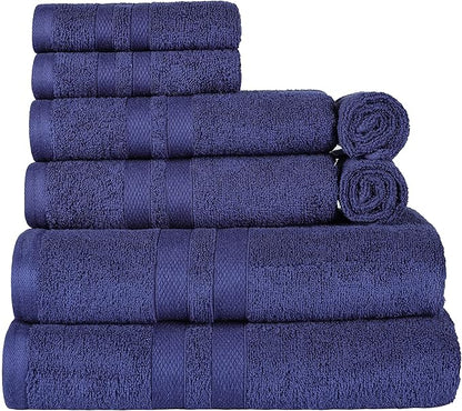 Superior Ultra-Soft 8-Piece Cotton Towel Set, Includes 2 Bath Towels, 2 Hand Towels, and 4 Washcloths, Daily Use Towels for Home, Bathroom, Guest Bath Room, Essential Quick Dry - Navy Blue