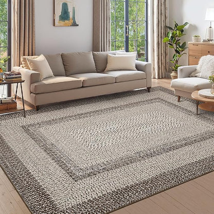 Imitation Braided Collection-Print 10x13 Area Rug for Living Room Large Washable Rug Non-Slip Non-Shedding Stain Resistant Thin Foldable Floor Cover Carpet for Bedroom Dining Room Classroom