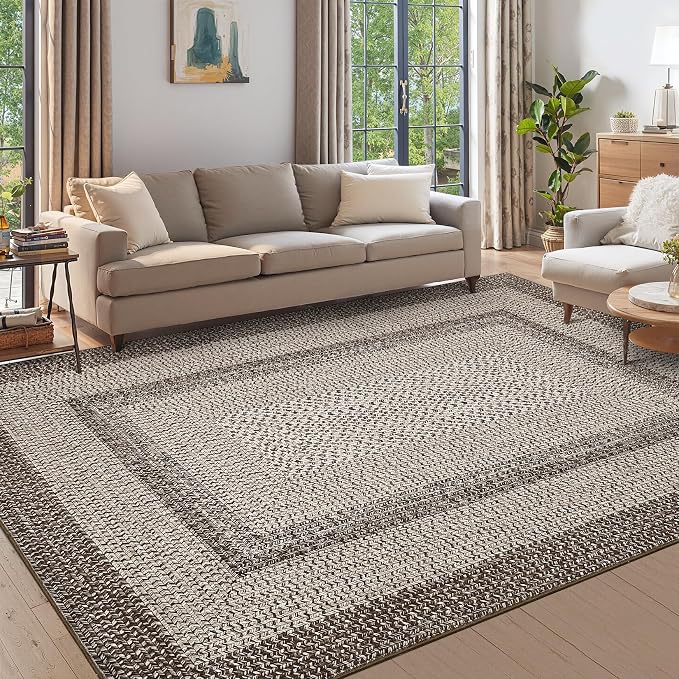 Imitation Braided Collection-Print Washabl Area Rug 6x9 Rugs for Living Room, Rustic Bordered Area Rug Non Slip Soft Foldable Carpet, Low Pile Stain Resistant Carpet for Bedroom, Dining Room