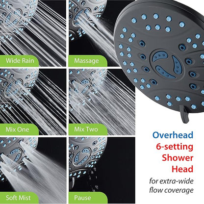 AquaCare 48-mode High Pressure 3-way Shower Head Combo w/ 2-mode Power Wash | Pure Clean Jets, Dual Handheld Power Wash for Tub, Tile & Pets, Long 6 ft. Stainless Steel Hose, Extra Wall Bracket / Black