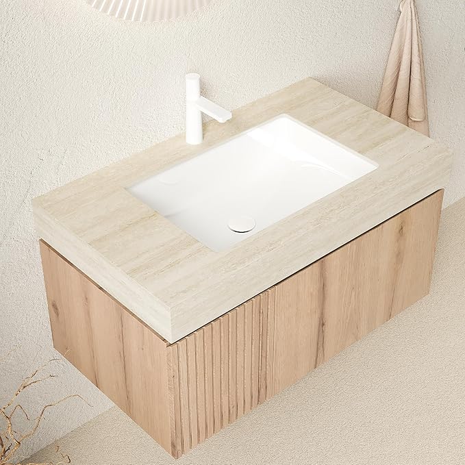 Bathroom Vanity with Sink 36 Inch, Floating Bathroom Vanity Sink Cabinet with Drawer and Door, Undermount Sink & Travertine-Pattern Sintered Stone Top, Pre-Assembled, White Oak