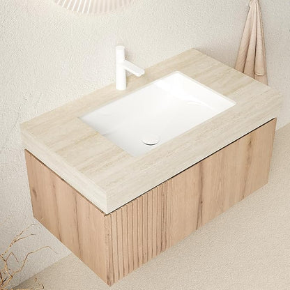 Bathroom Vanity with Sink 36 Inch, Floating Bathroom Vanity Sink Cabinet with Drawer and Door, Undermount Sink & Travertine-Pattern Sintered Stone Top, Pre-Assembled, White Oak