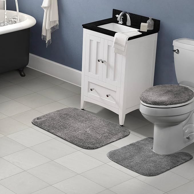 Garland Rug Traditional Nylon Washable Medium Gray 3 Piece Set - Lid, Contour, Bath Rug - Soft, Absorbent, and Stylish for Your Bathroom