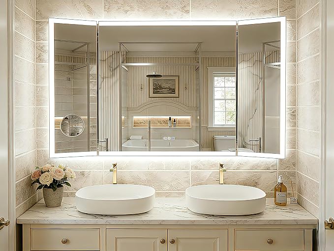 60x36 Trifold Bathroom Mirror with Lights, Removable Magnifier, 180° Foldable LED Vanity Mirror, Front & Backlit, Wall Mounted, Anti-Fog, Stepless Dimming & 3 Color Temperature Changing