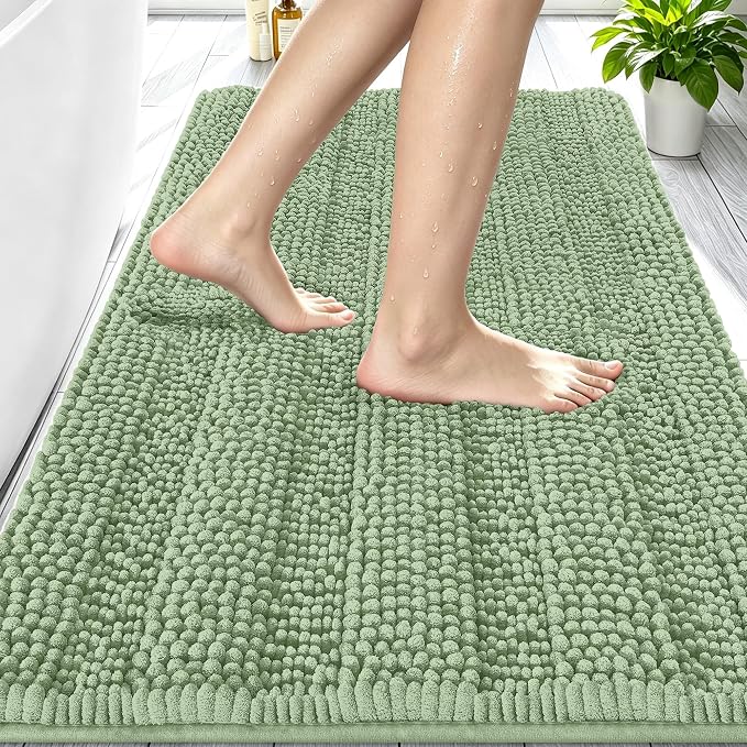 Smiry Thick Chenille Bathroom Rugs 30x20, Absorbent Bath Mat, Sage Green | Quick‑Dry & Machine Washable, Non‑Slip Bath Carpet, Soft Striped Bath Rugs for Tub & Shower, Modern Home Decor Accessories