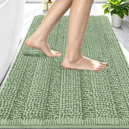 Smiry Thick Chenille Bathroom Rugs 30x20, Absorbent Bath Mat, Sage Green | Quick‑Dry & Machine Washable, Non‑Slip Bath Carpet, Soft Striped Bath Rugs for Tub & Shower, Modern Home Decor Accessories