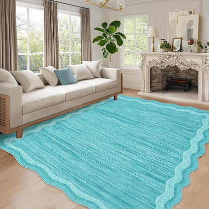 Garvee Scalloped Rug 10x13 Washable Area Rug for Living Room Teal | Rugs for Living Room, Non-Slip Soft Carpet for Bedroom, Scalloped Low-Pile Solid Rug Accent Rug for Dining Room Home Office