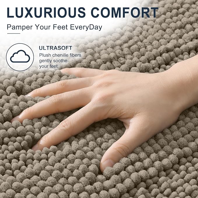 Smiry Thick Small Chenille Bathroom Rugs 24x16, Soft Bath Mat, Warm Taupe | Quick‑Dry & Machine Washable, Non‑Slip Bath Carpet, Striped Bath Rugs for Tub & Shower, Modern Home Decor Accessories