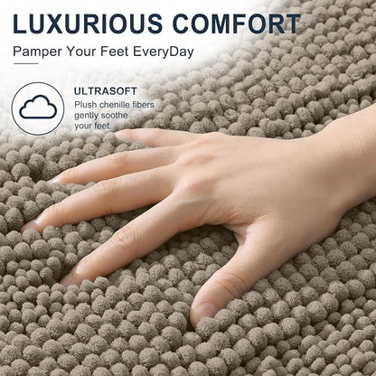 Smiry Thick Small Chenille Bathroom Rugs 24x16, Soft Bath Mat, Warm Taupe | Quick‑Dry & Machine Washable, Non‑Slip Bath Carpet, Striped Bath Rugs for Tub & Shower, Modern Home Decor Accessories